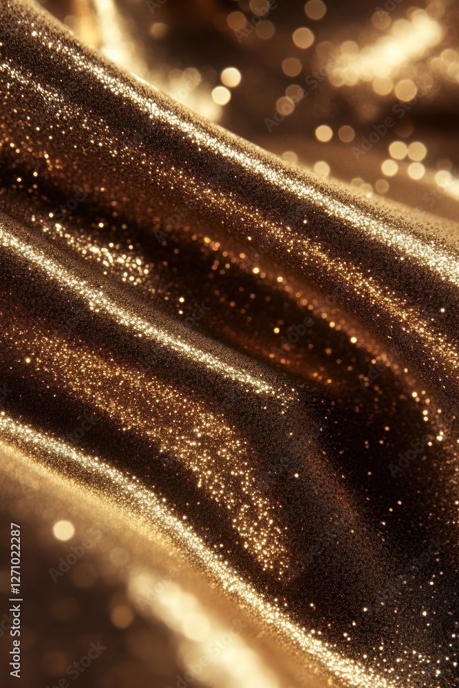 Poster close-up of shimmering gold fabric with soft folds and bokeh lights. (1)