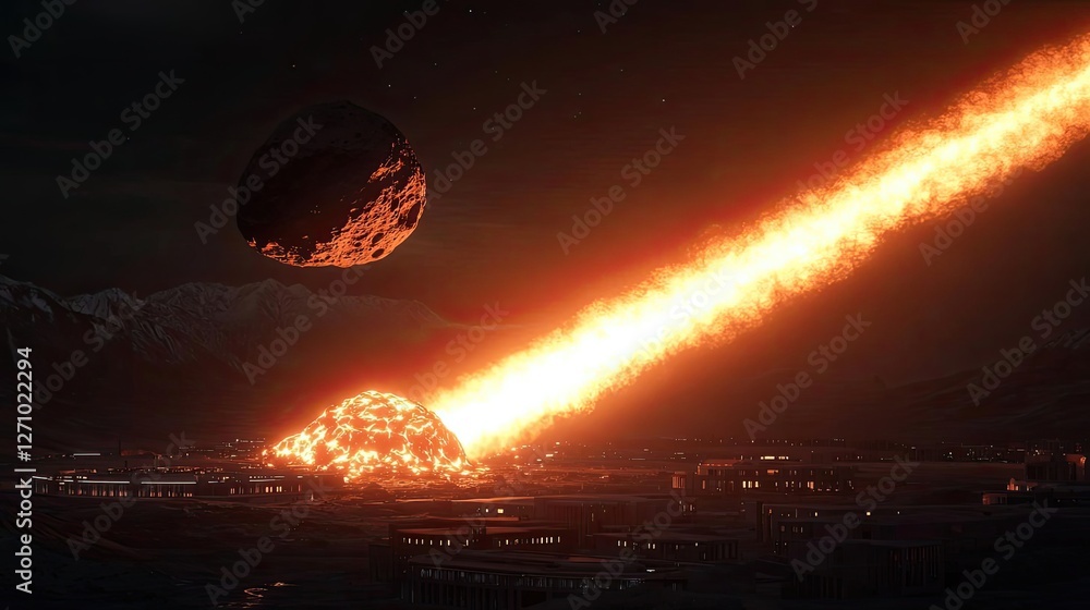 Poster asteroid impact idea. a dramatic portrayal of a fiery meteor collision with earth, showcasing cosmic