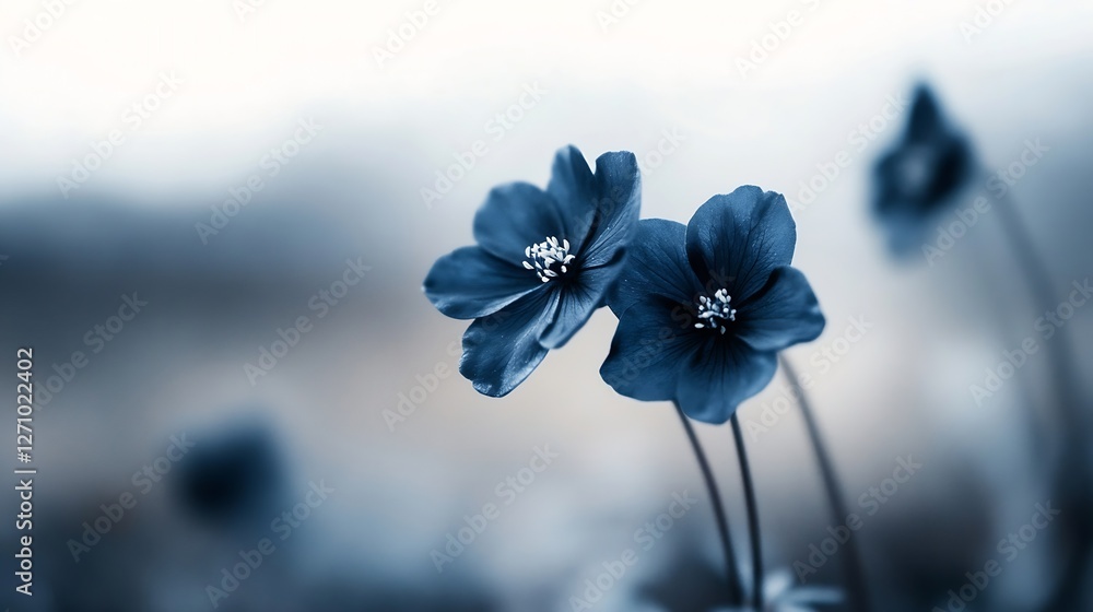 Poster delicate blue flowers in soft focus creating a tranquil and serene ambiance in nature : generative a