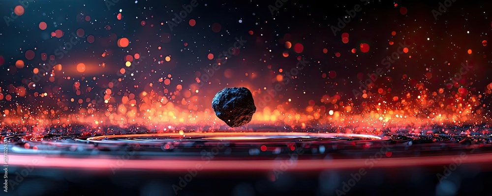 Poster asteroid impact idea. a cosmic scene showcasing a glowing orb amidst vibrant particles and fiery ele