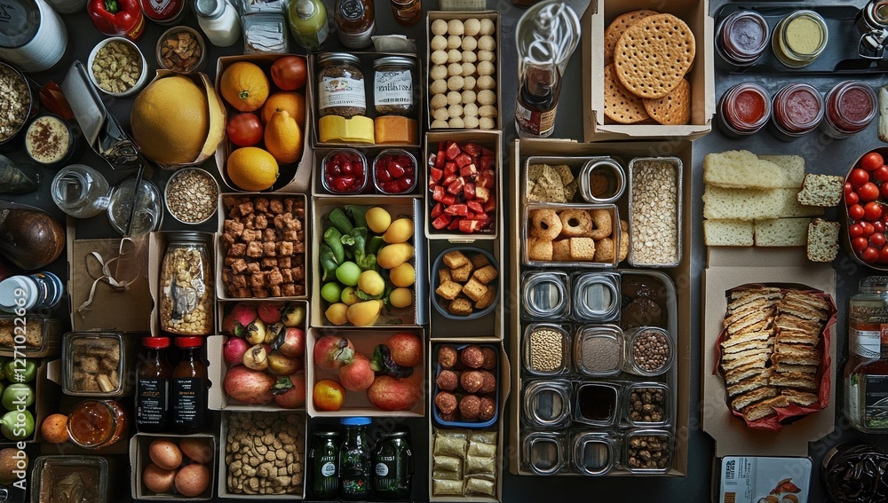 Poster overhead shot of various food items neatly organized in boxes and containers.