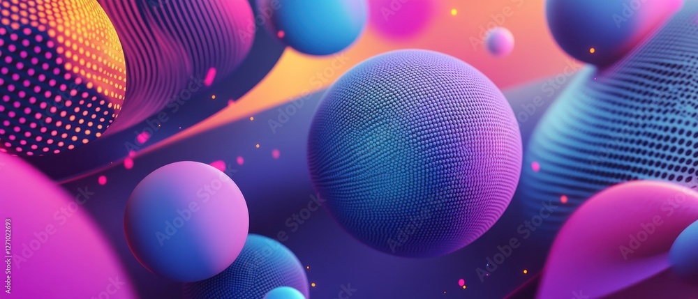 Poster colorful abstract spheres and waves create a dynamic digital landscape with vibrant gradients