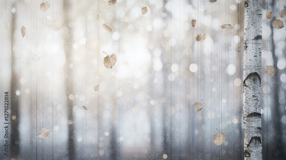 Poster a serene forest scene with soft lighting, featuring a birch tree and gently falling leaves, creating