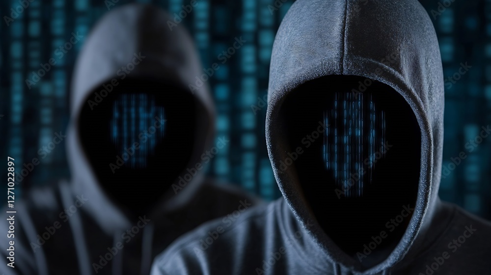 Poster Mysterious figures cloaked in hoods representing the theme of cyber security and digital threats : Generative AI