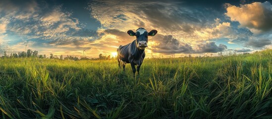 Cow standing in a grassy field at sunset.