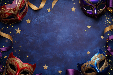 Celebrate Purim with colorful masks and starry borders in a festive design for joyful gatherings and heartfelt celebrations