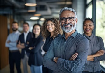 Fototapeta premium A diverse group of smiling businesspeople standing in an office, representing diversity and unity within the company.