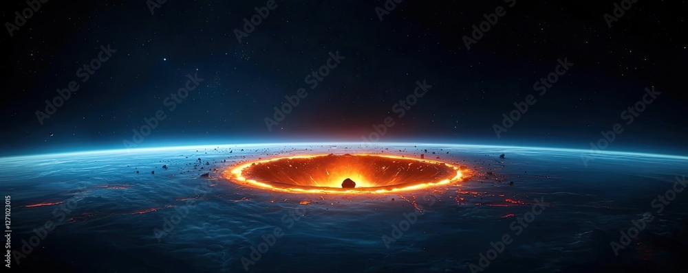 Poster Asteroid impact idea. A mesmerizing view of a cosmic event with a fiery halo surrounding a celestial body.