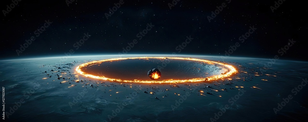 Poster Asteroid impact idea. A dramatic view of planet Earth surrounded by a fiery ring in space.