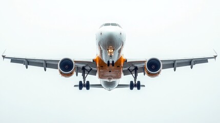 Naklejka premium Aerial View of Commercial Aircraft Approaching Landing with Clear Sky and Cloudy Background, Perfect Representation of Aviation and Travel Concepts