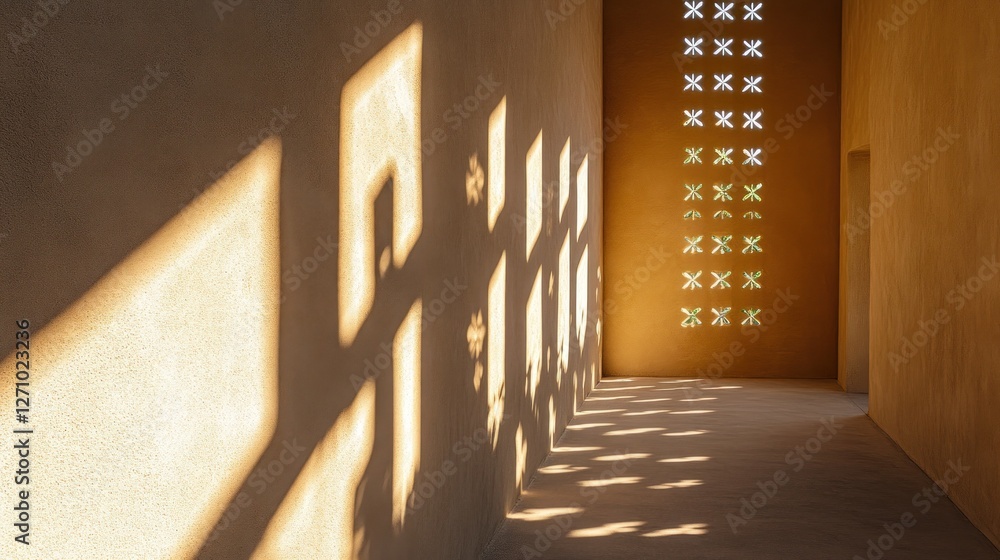 Poster sunlight streams through patterned wall in long corridor casting abstract shadows.