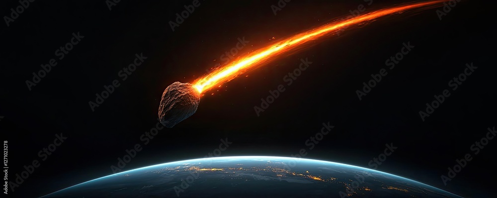 Poster asteroid impact idea. an illuminated meteor streaking through the dark space towards earth.