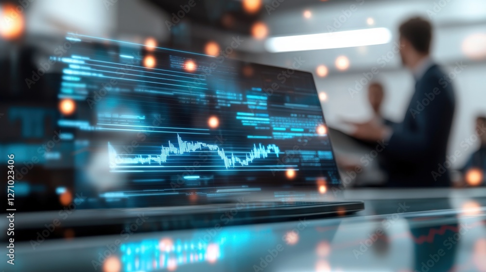 Poster analyzing business data trends corporate office digital analytics tech environment close-up view dat