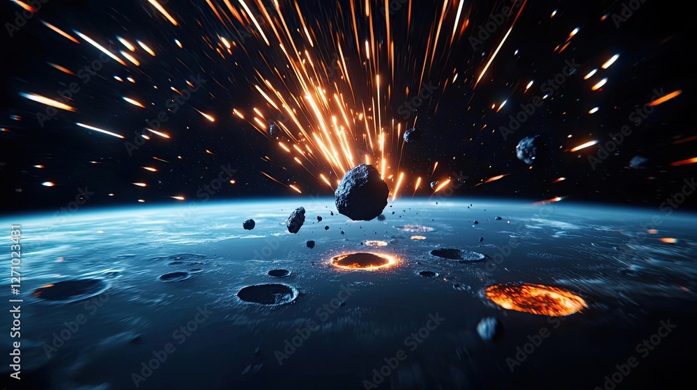 Poster Asteroid impact idea. A stunning view of asteroids colliding with Earth, creating fiery explosions in space.