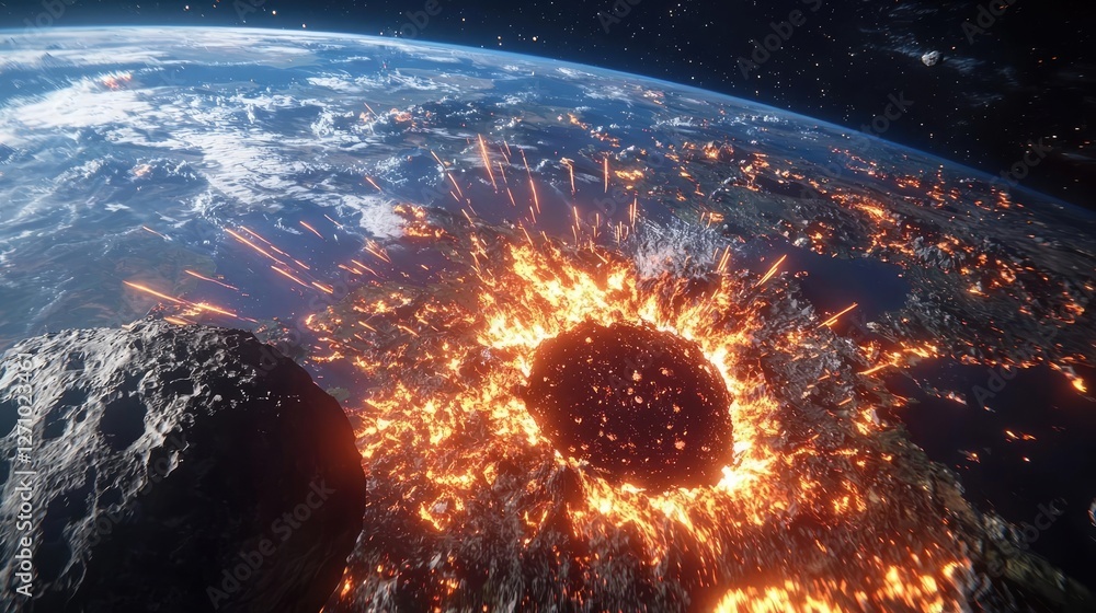 Poster asteroid impact idea. a dramatic cosmic event depicting an asteroid impact on earth with fiery explo