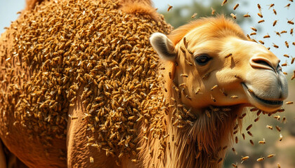 A camel slightly tilting its head while being swarmed by a dense cluster of honeybees, creating a fascinating yet unexpected wildlife moment in nature.