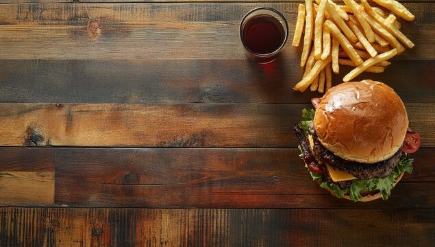 Juicy hamburger with french fries and drink on rustic wooden table.