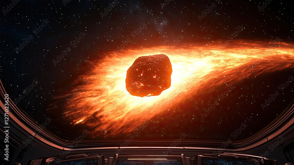 Poster Asteroid impact idea. A stunning view from a spaceship observing a fiery asteroid in outer space.