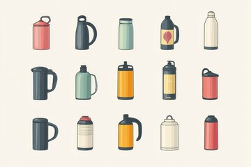 Fototapeta premium icons of various thermoses vector style minimalism