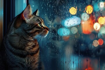 Tabby cat sits by rain-streaked window, gazing at night city lights.