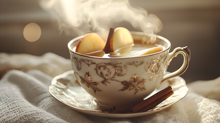 Steaming cup of spiced beverage with apple and cinnamon sticks on a cozy blanket. Warm and inviting drink.