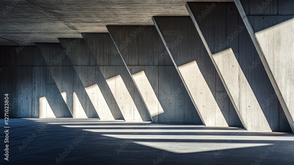 Poster sunlight streams through angled concrete columns in a modern building's interior, creating dramatic 