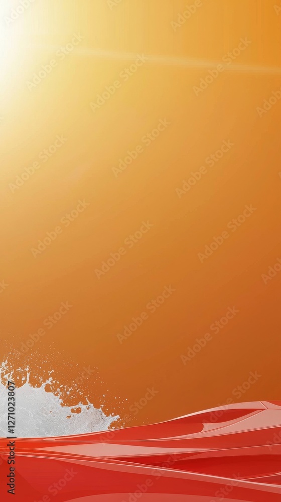 Poster a vibrant orange background with flowing red waves and a hint of white splashes, evoking warmth and 