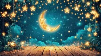 Fototapeta premium Enchanting Night Sky with Moon and Stars Over a Rustic Wooden Deck