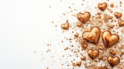 Copper Hearts with Glitter and Splashes on White Background