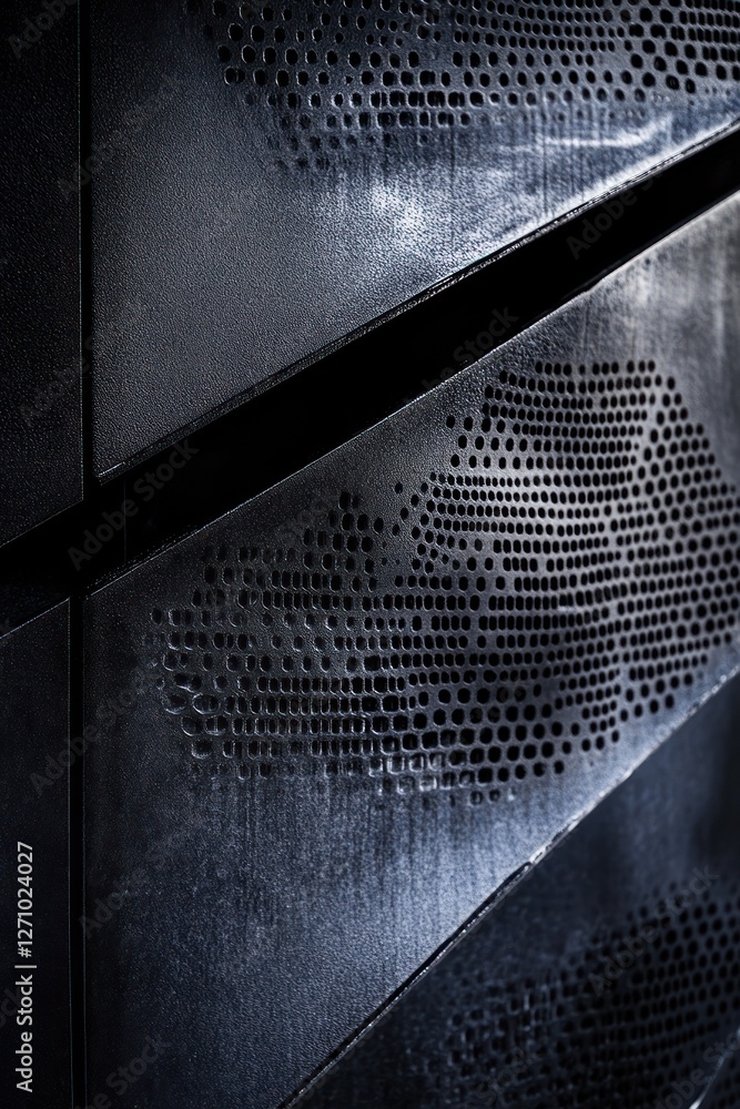 Poster close-up of dark metal panels with intricate perforated patterns, showing texture and detail.