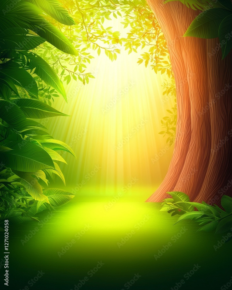 Poster a serene forest scene with vibrant greenery and soft sunlight filtering through the trees, creating 