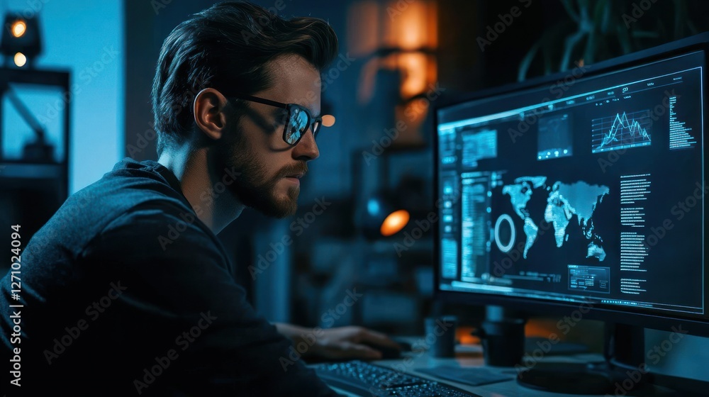Aufkleber focused individual analyzing data on a computer screen in a dimly lit room with plants