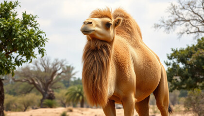 Original name(s): A camel with a beehive attached to its body, covered with a thick swarm of buzzing bees creating an unusual and fascinating sight