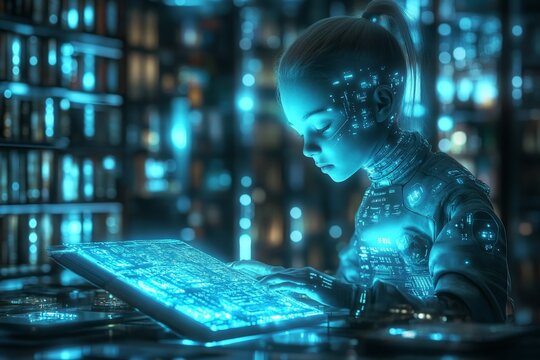 Child exploring a glowing digital book in a futuristic library at night