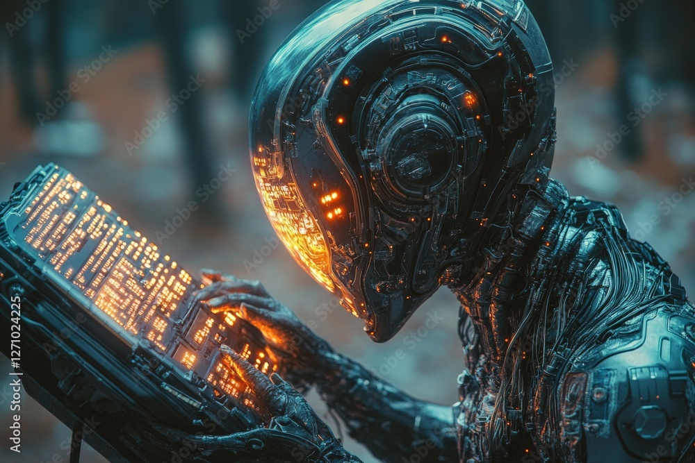 Poster futuristic robot analyzes data in a forest setting during twilight, showcasing advanced technology a