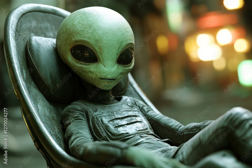 Poster extraterrestrial being relaxing in a futuristic setting at night with colorful lights illuminating t