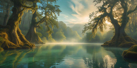 Fototapeta premium A breathtakingly beautiful nature background wallpaper featuring a majestic lake, serene, and intriguing scene that exudes tranquility, with lush, emerald-green foliage. create by generative ai