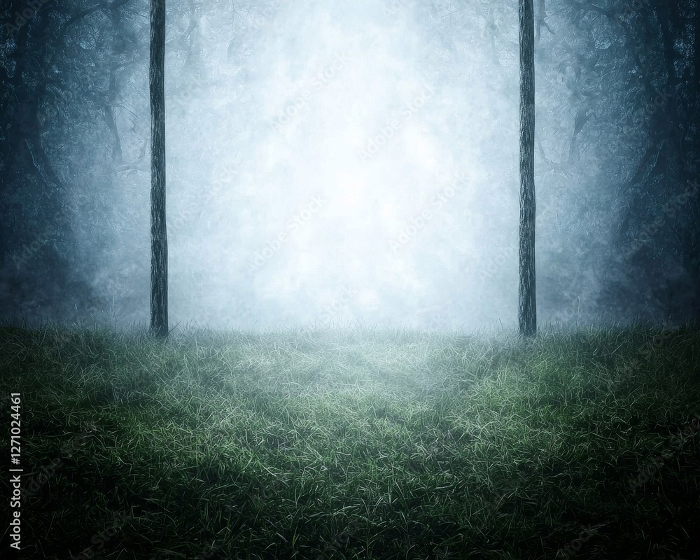 Poster a misty forest scene with tall trees, soft grass, and a glowing light in the background, creating an