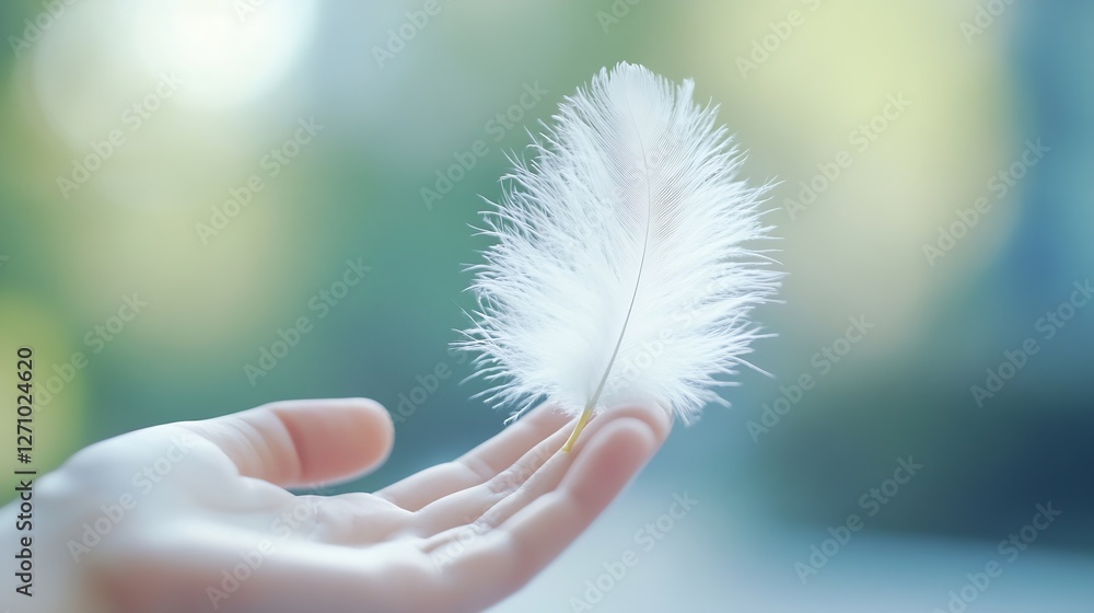 Aufkleber delicate white feather held gently in a hand against a blurred background creating a serene feeling 