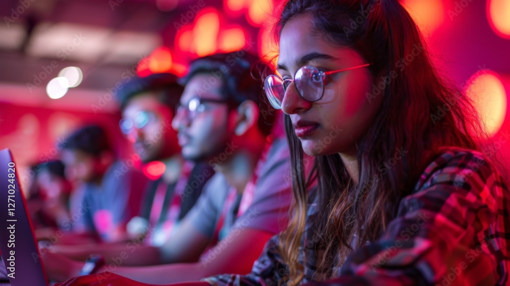 Fototapete Participants focus intently on their laptops during a coding event, surrounded by dynamic lighting that creates an energetic and inspiring environment.