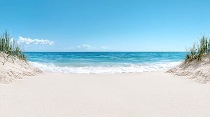Fototapeta premium Sandy beach, ocean waves, summer sky, tranquil scene; travel brochure