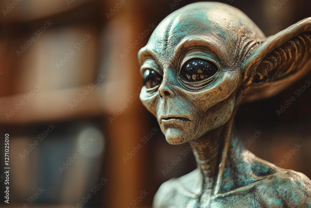 Poster intricate alien sculpture displayed in a well-lit library setting captures attention and evokes curi