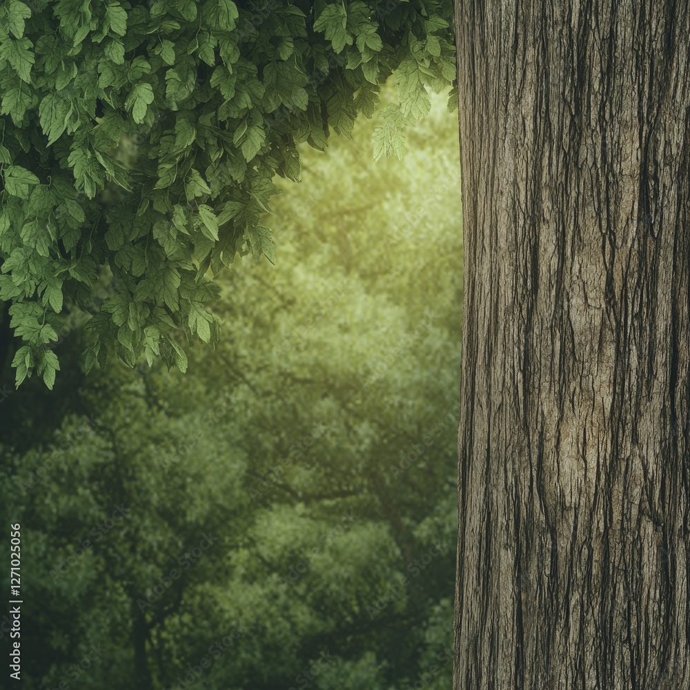 Poster a serene forest scene featuring lush green leaves and a textured tree trunk, creating a tranquil atm