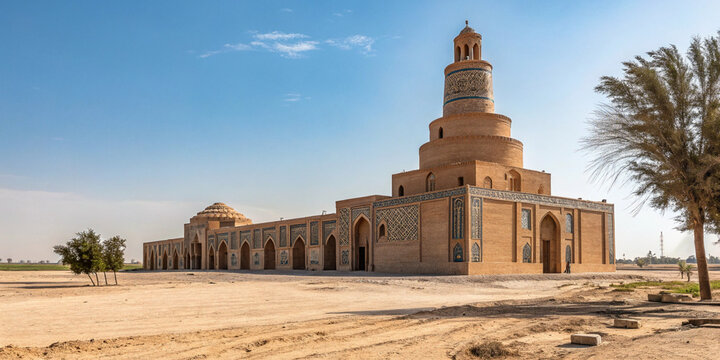 a historic mosque near derawar fort with stunning white domes and palm trees in the background 