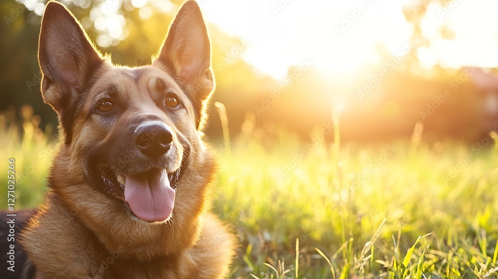 Aufkleber Happy dog enjoying a sunny day in a field with vibrant grass and warm sunlight creating a joyful atmosphere : Generative AI