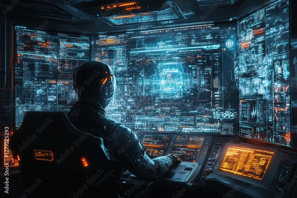 Poster futuristic operator interacting with advanced technology in a high-tech control room at night