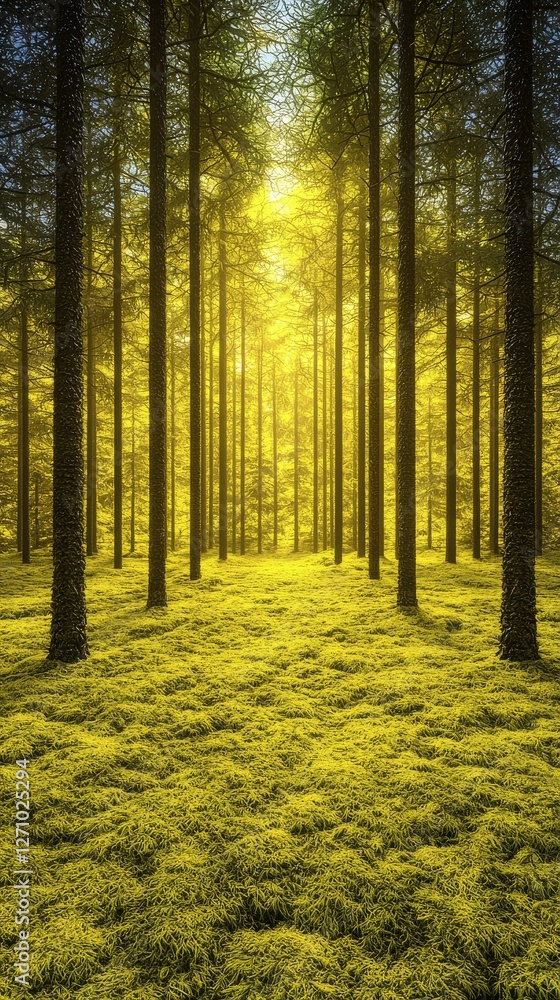 Poster a serene forest scene with tall trees and golden sunlight filtering through, creating a peaceful and