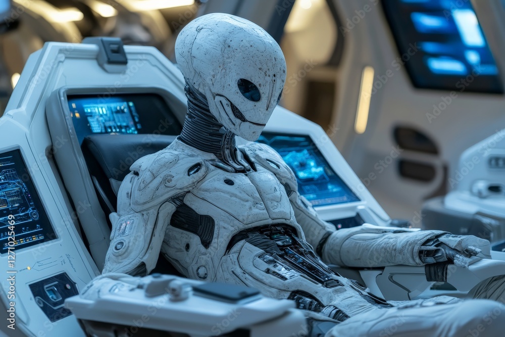 Poster advanced humanoid robot in a futuristic control room engaging with technology and displays during a 