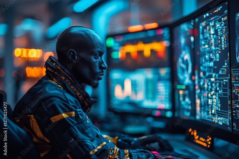Poster focused technician analyzes data on multiple monitors in a modern control room during evening hours