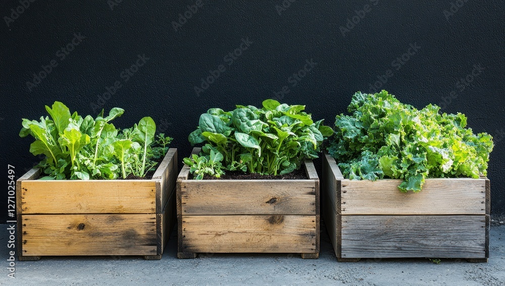 Poster three wooden crates with various leafy greens.